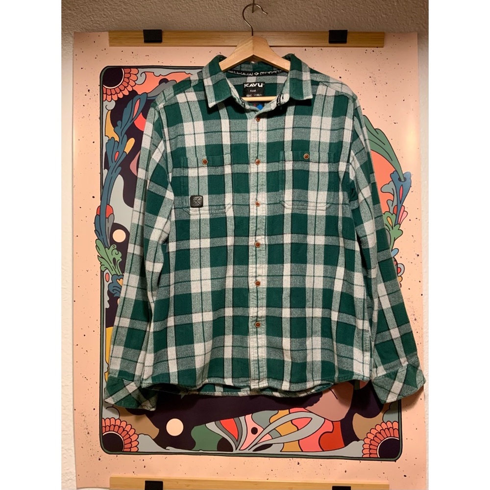 Kavu Men’s Plaid Flannel, Green and White - L
